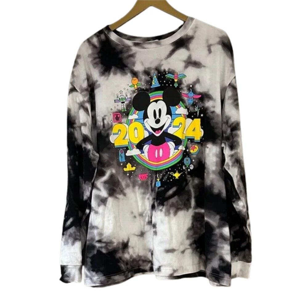 Disney Mickey Mouse 2024 Tie-Dye Long Sleeve Shirt Black White Graphic